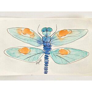 Blue Dragonfly Original Watercolor Wall Art Painting 8x10in Matted Frame Ready